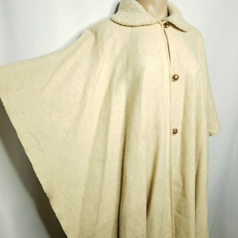 Vintage Beige Oatmeal Wool Blanket Poncho Cape - Picture 2 of 8